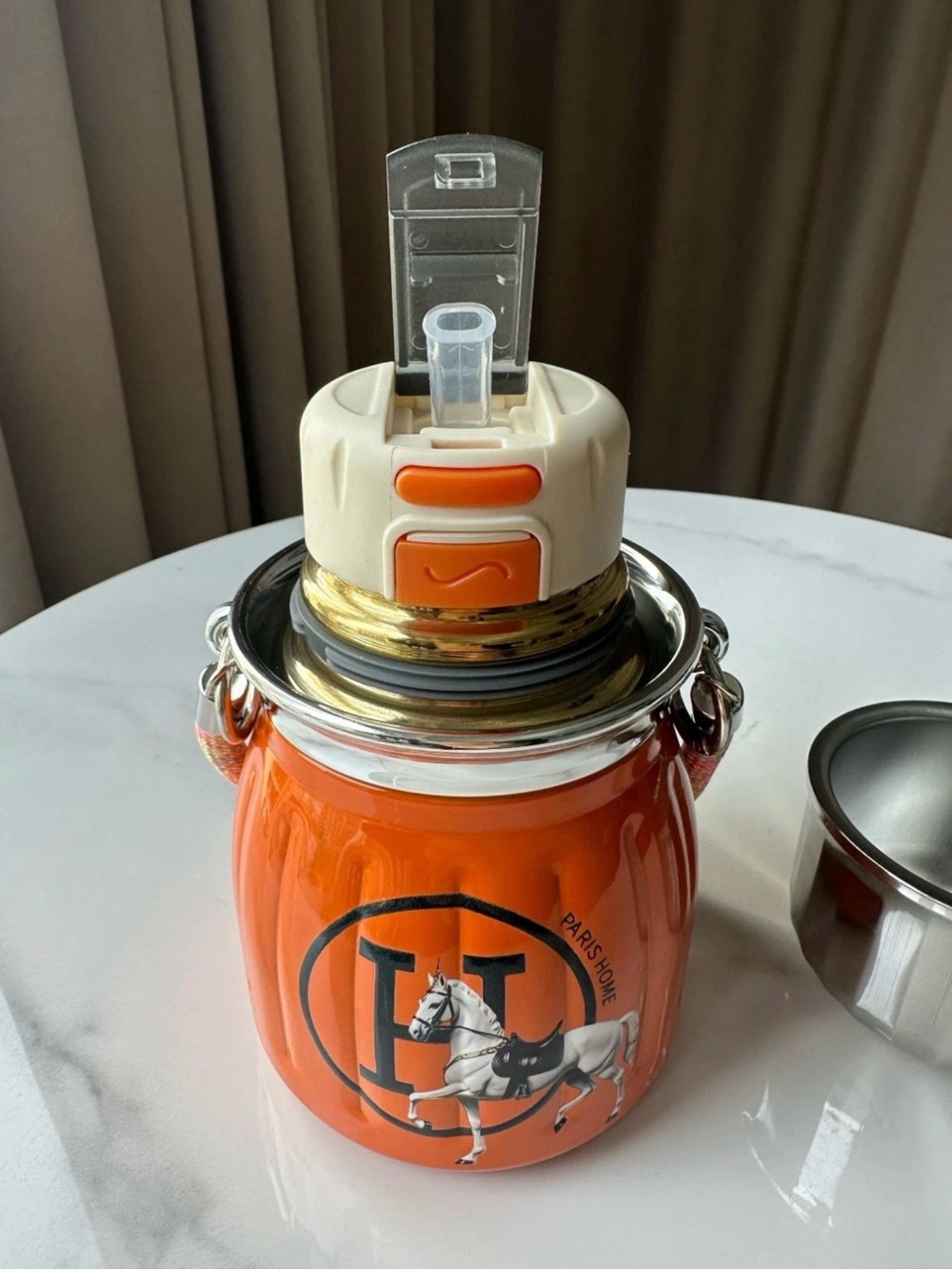 Hermes Orange Horse Print Drinkware Flask with Silver Cap - Picture 5 of 7